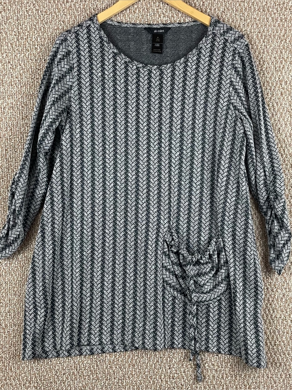 Ali Miles Top Medium 3/4 Ruched Sleeve Black Gray Chevron Pocket Lagenlook F26